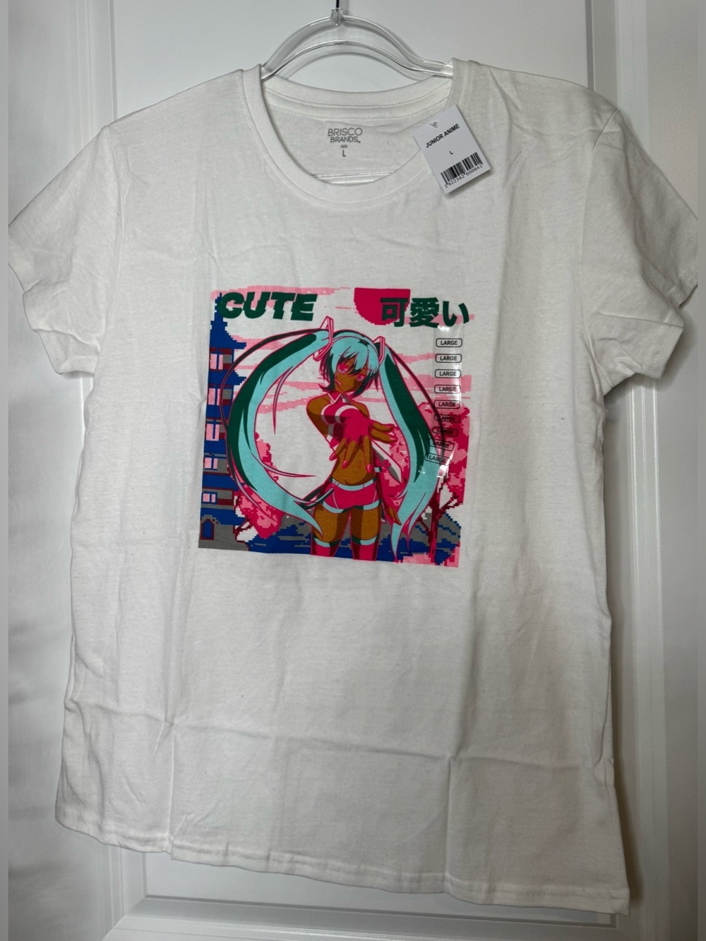 Hatsune miku pixel art White Short Sleeve Graphic Tee with Pink & Teal Anime LG
